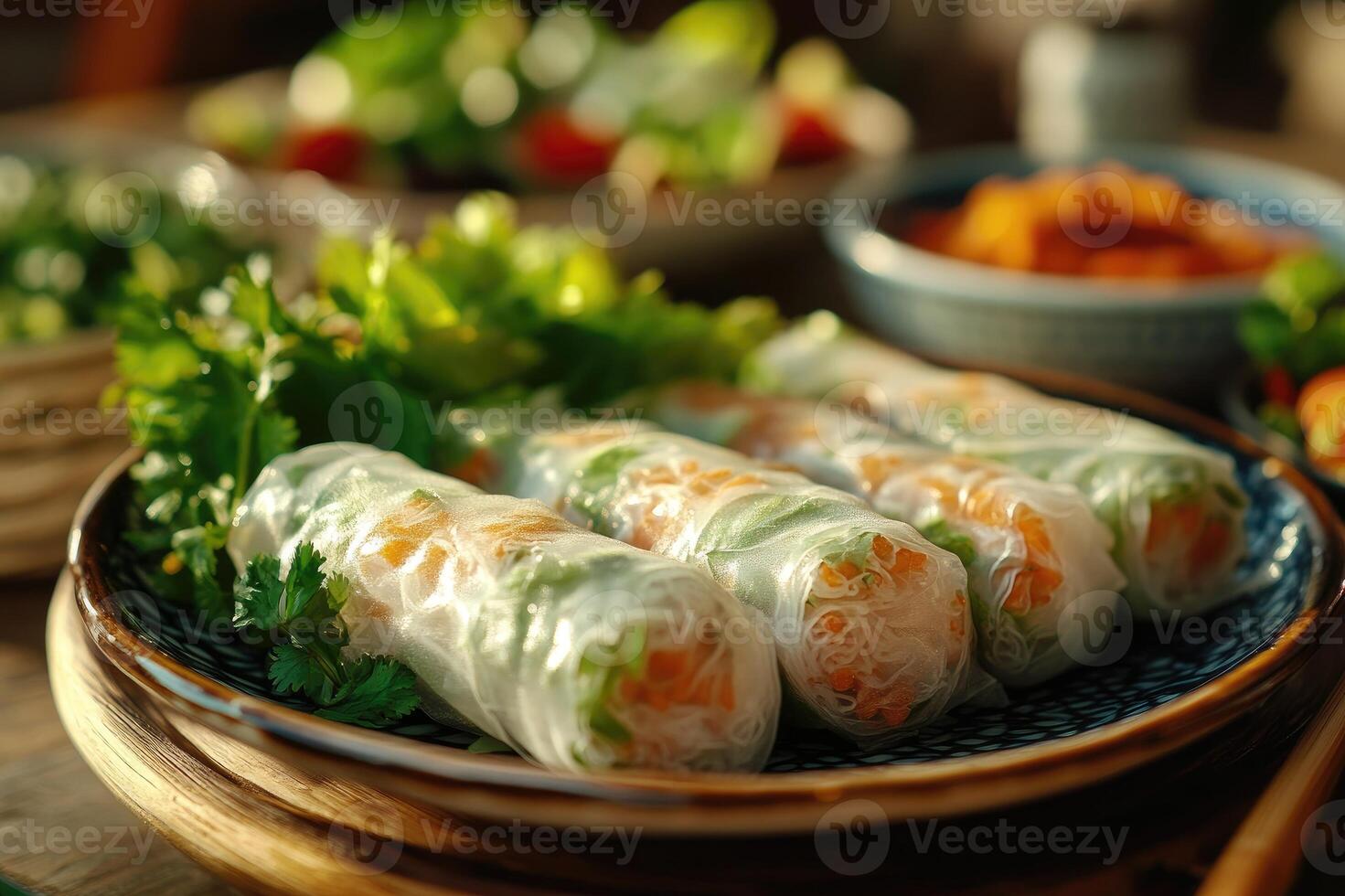 Delicious vietnamese shrimp spring rolls served with dipping sauce on rustic wooden table photo