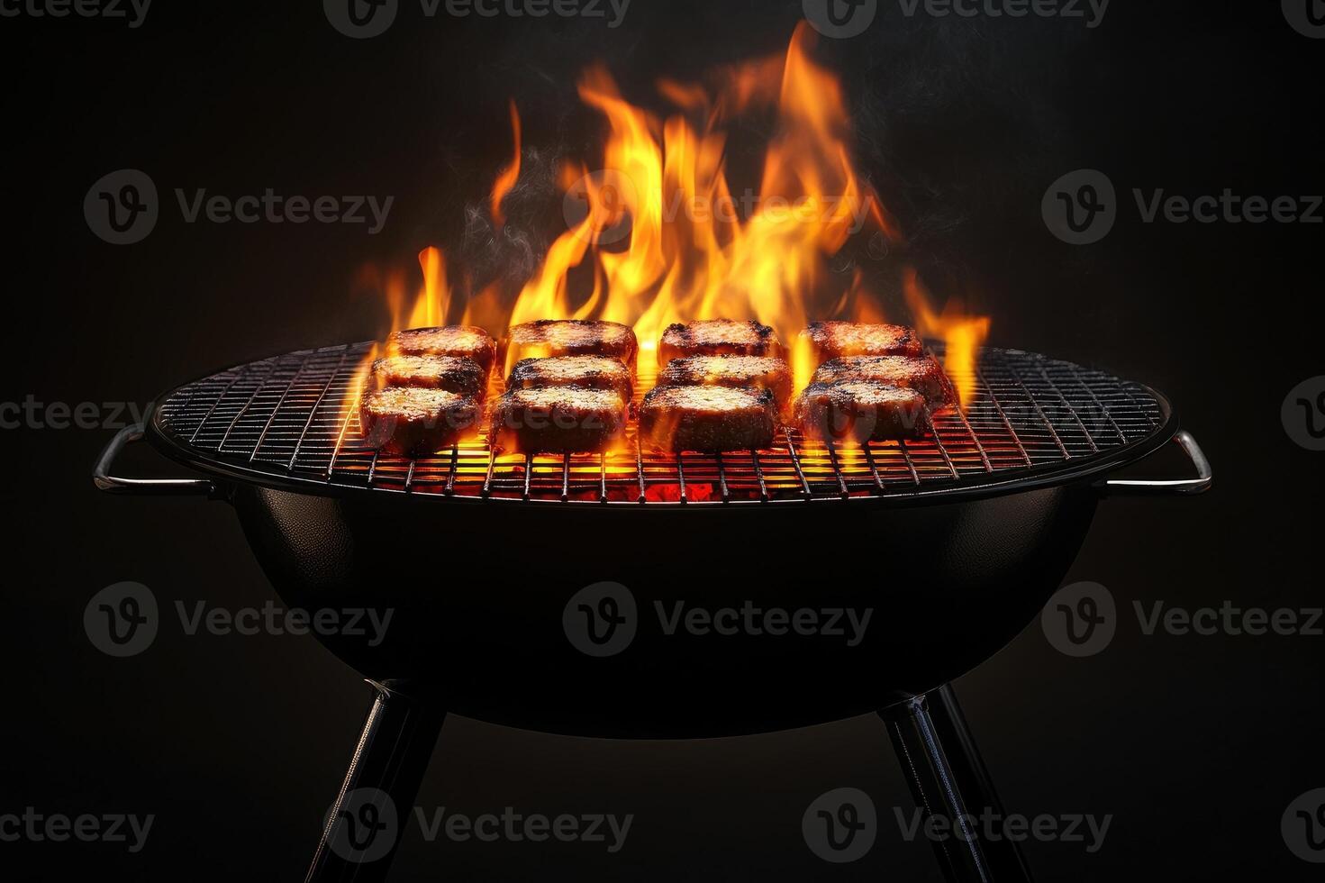 Barbecue grill flaming up with juicy meat cooking on the grill grates photo