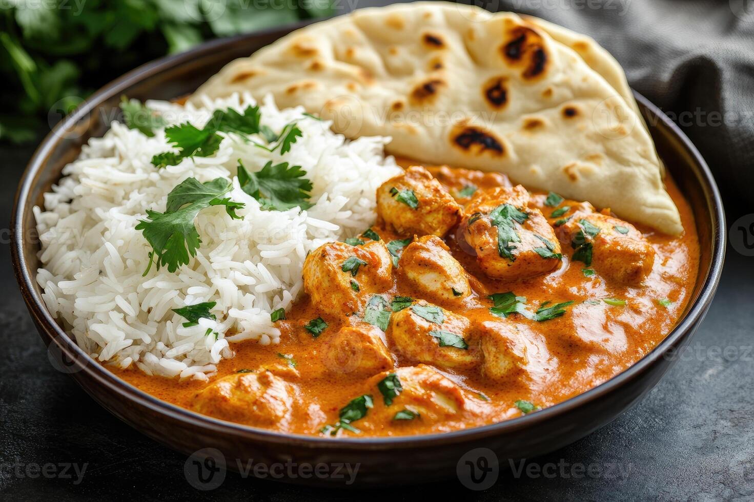Delicious chicken tikka masala with rice and naan bread on dark background photo