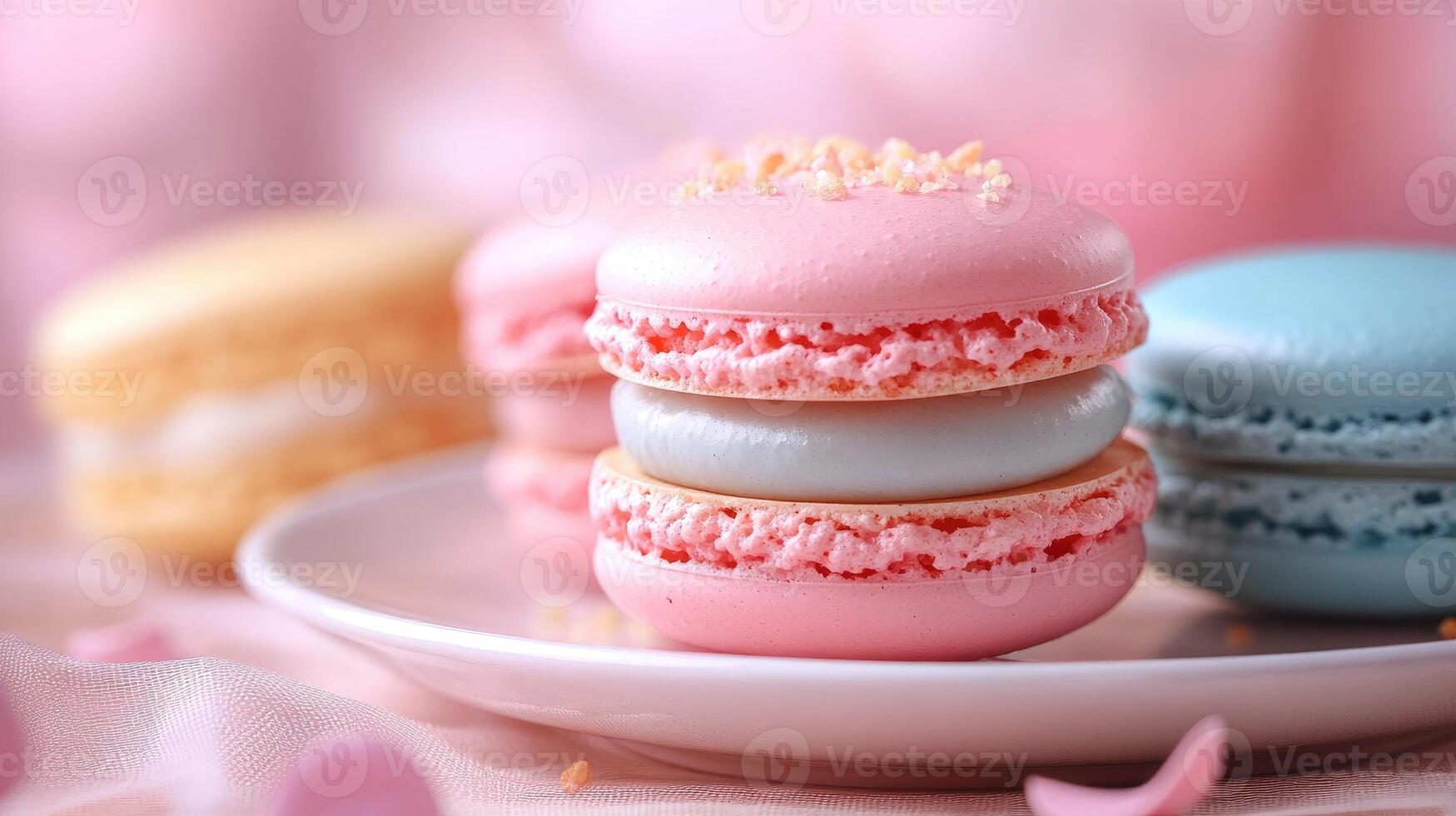 Pink macaron standing on white plate with sprinkles photo