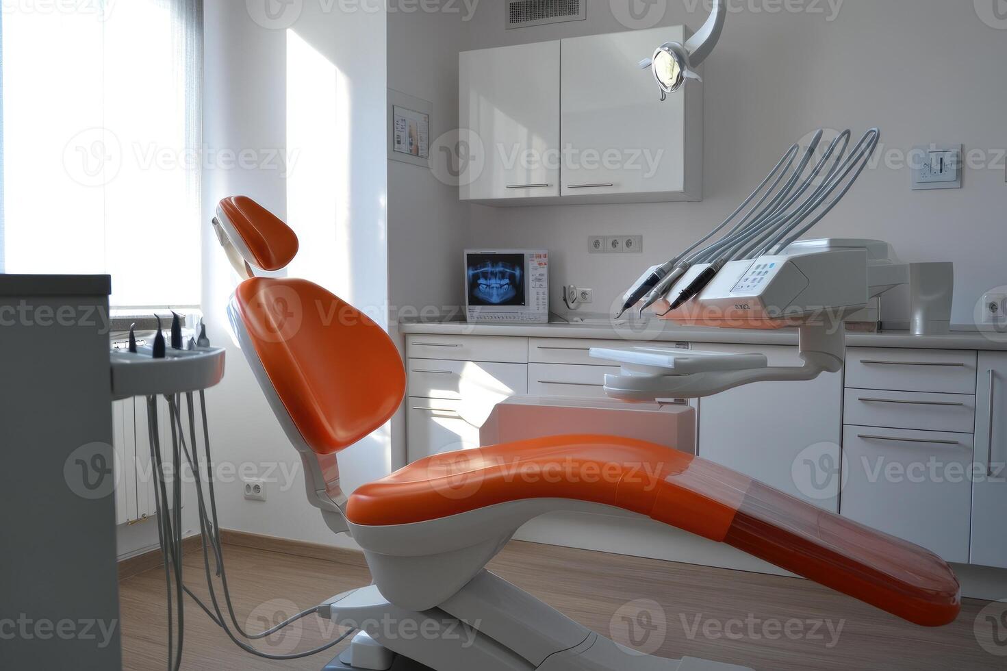 Orange and white dentist chair in a modern office photo
