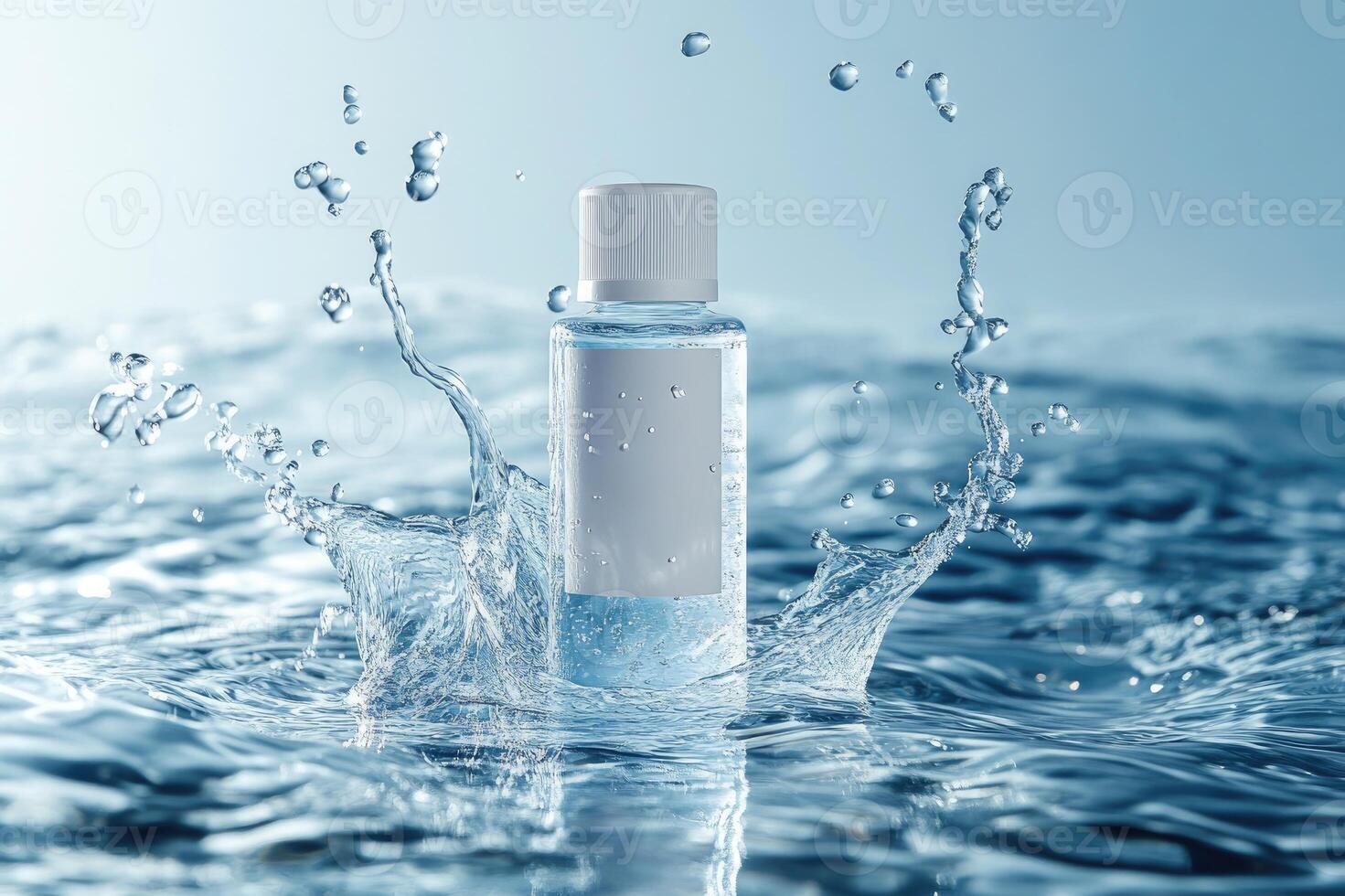 Transparent cosmetic bottle splashing in clean water photo