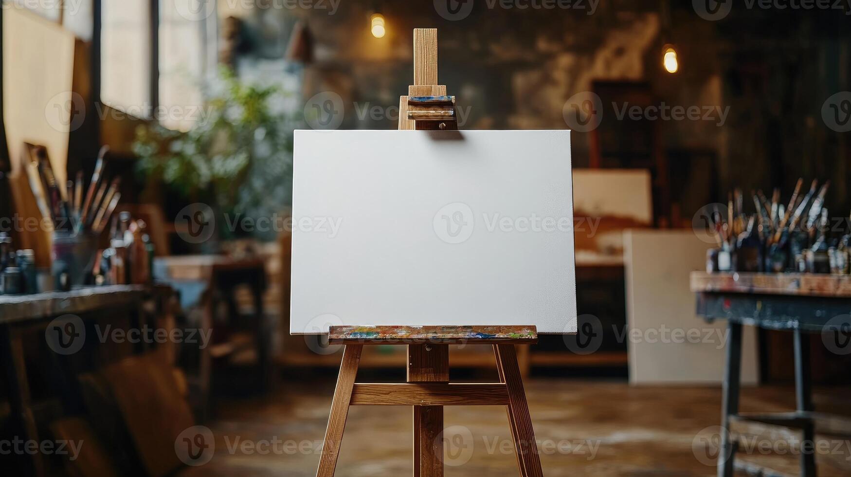 Blank canvas standing on easel in an art studio with abstract painting in background photo