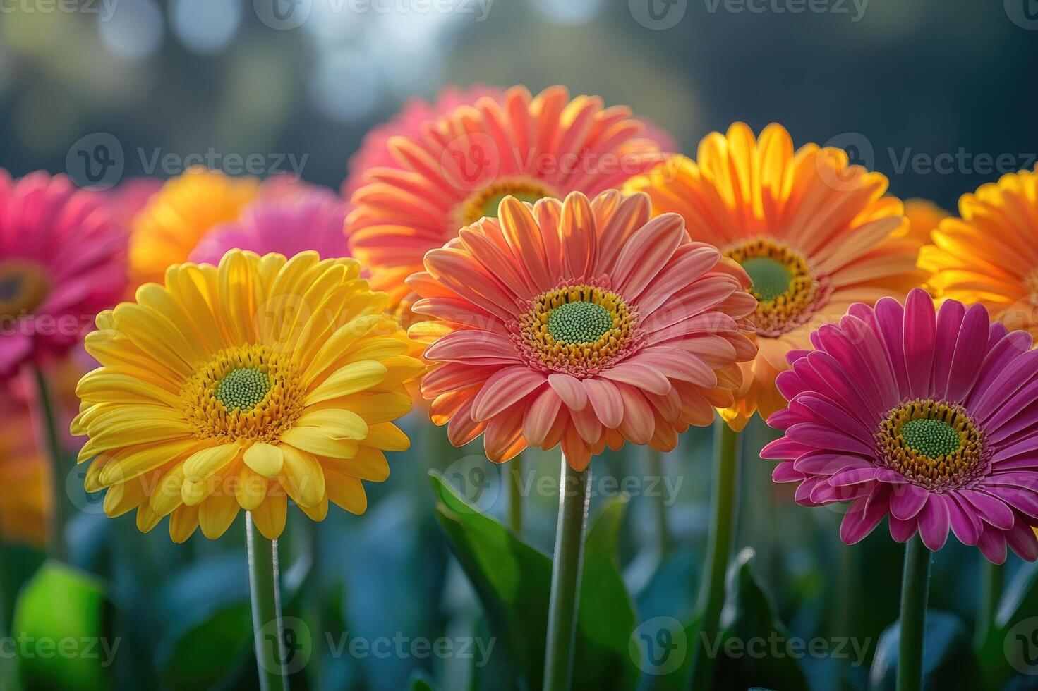 Colorful gerbera daisies blooming in summer garden at sunset photo