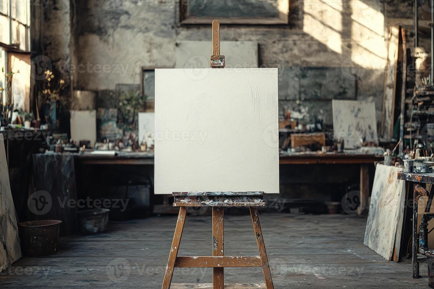 Blank canvas standing on easel in an art studio waiting for a painter photo