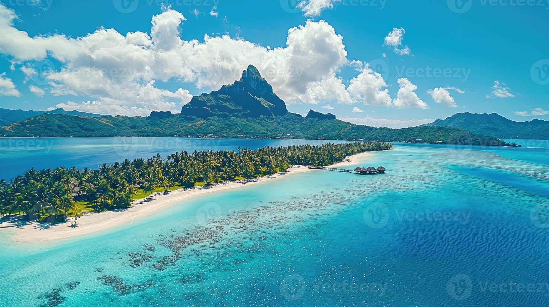 Aerial view of motu tapu with lush green tropical island and palm trees, bora bora, french polynesia photo