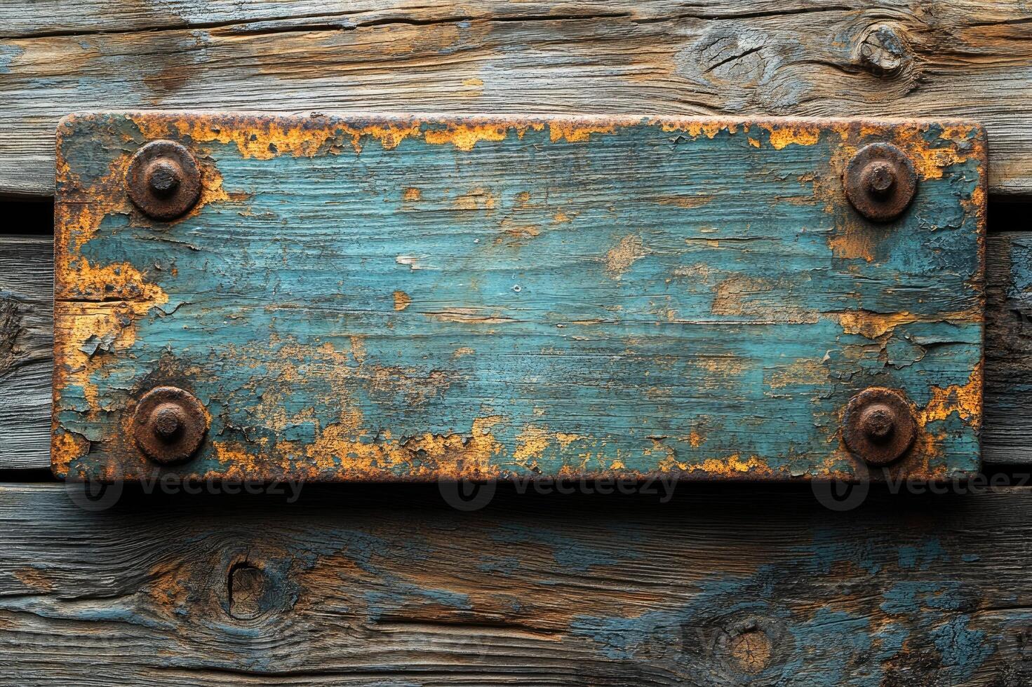 Old weathered blue wooden plank showing grain and knots with rusty bolts photo