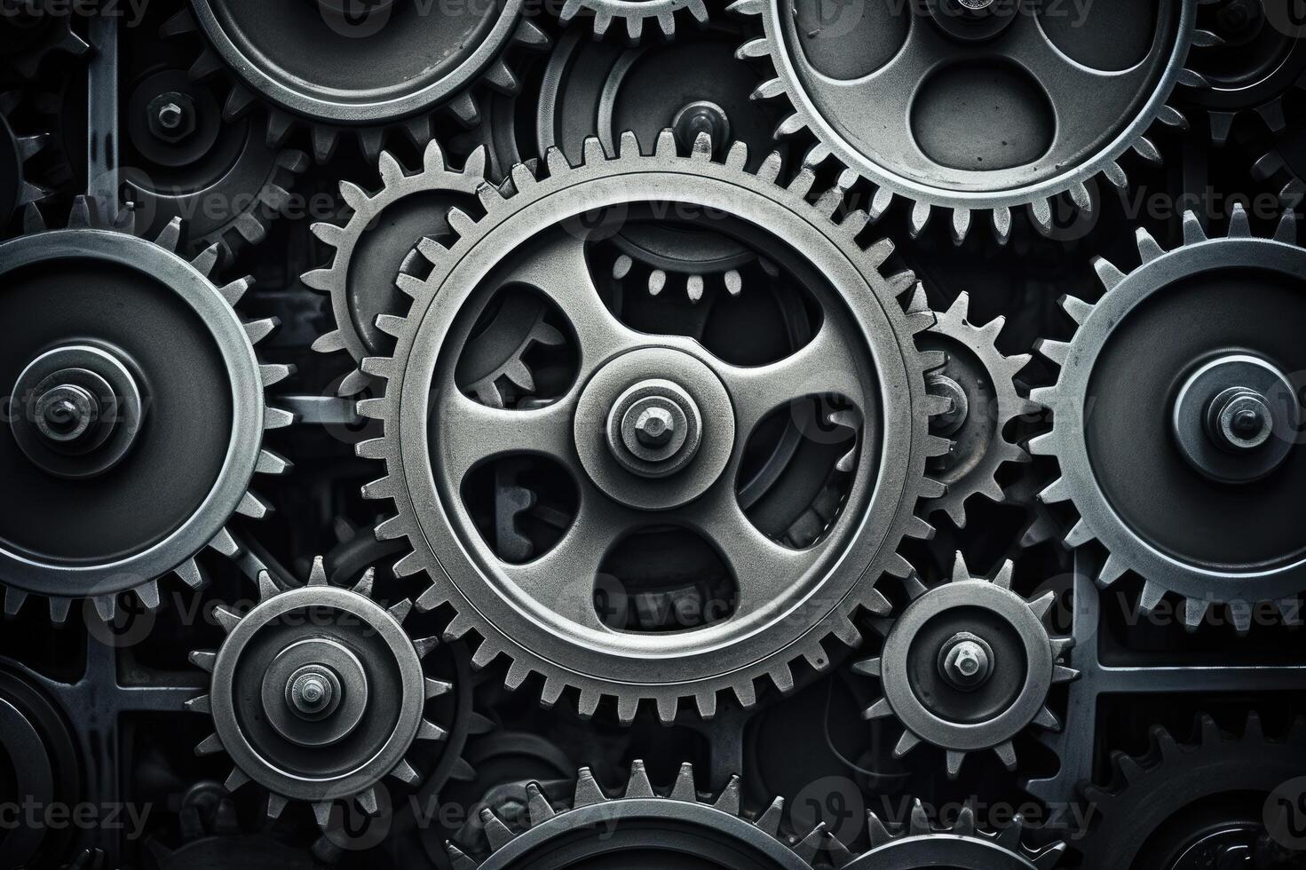 Retro black and white background of industrial cogs or gears with movement photo