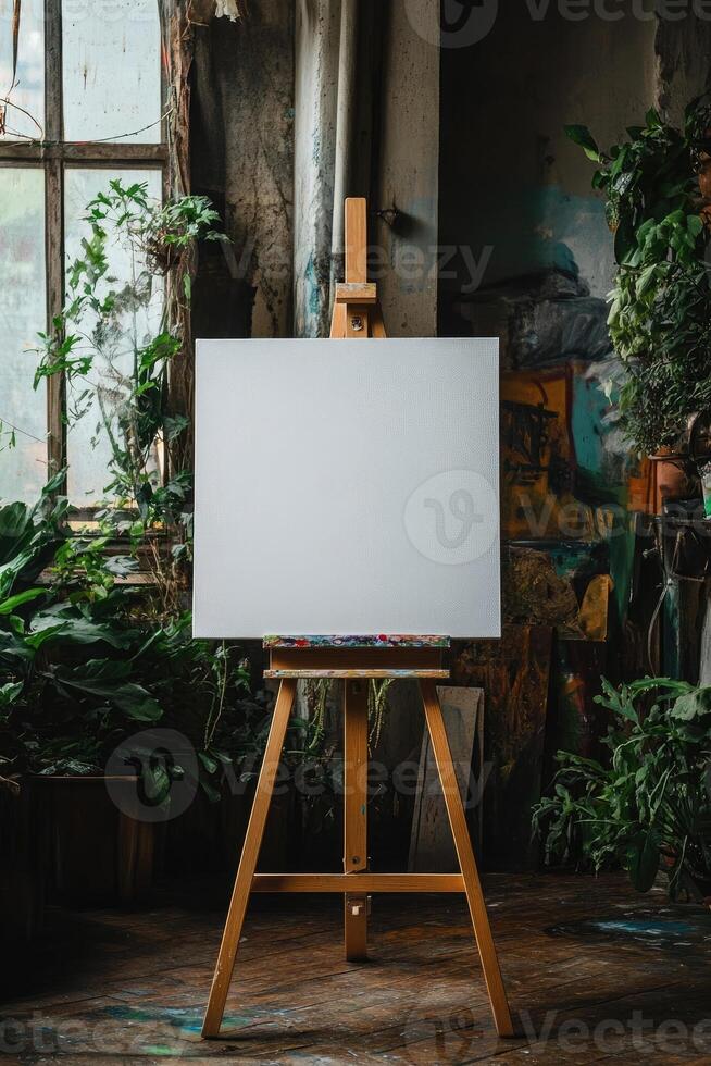 Blank canvas standing on easel in an art studio waiting for a painter photo