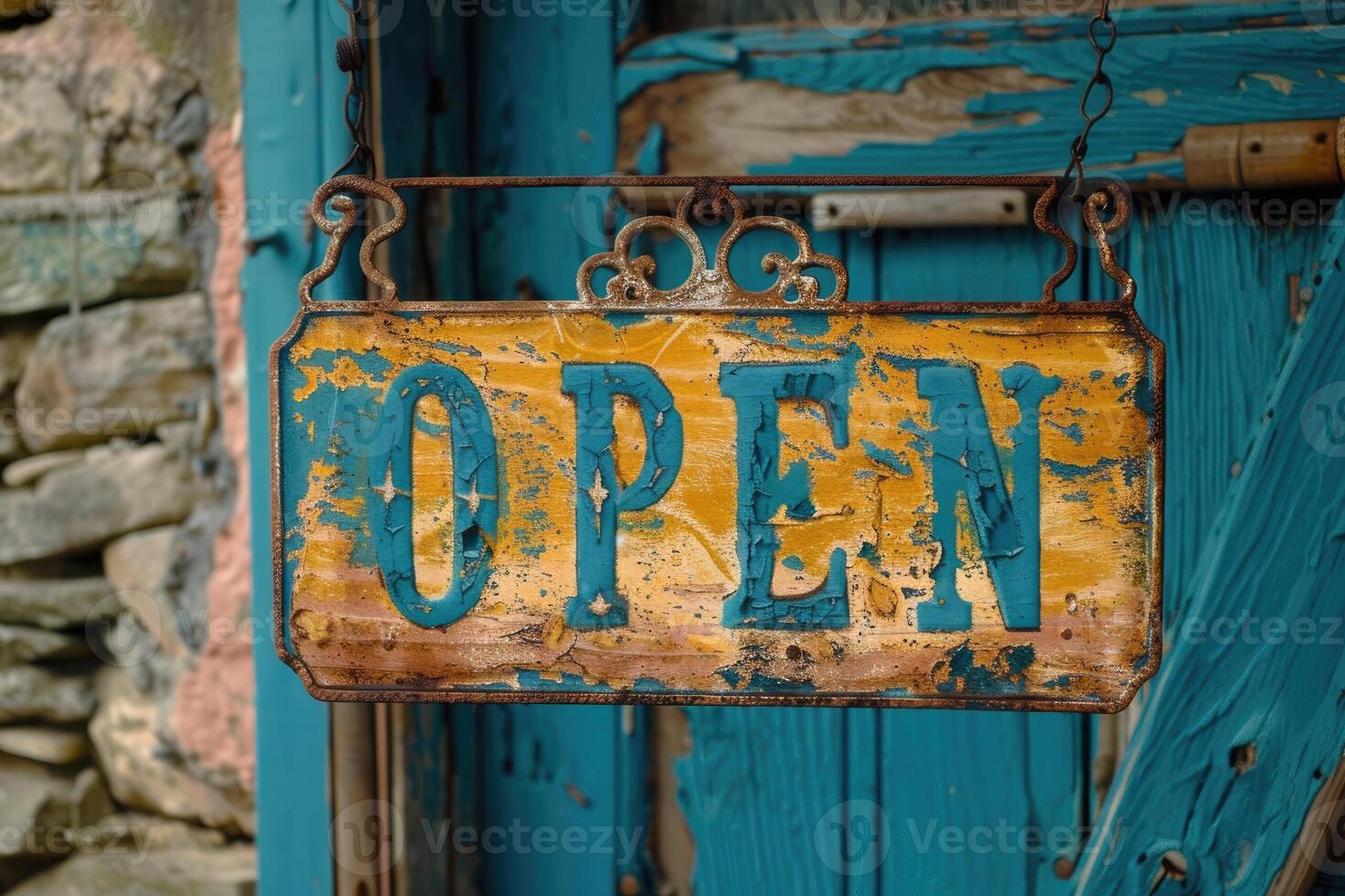 Old weathered rusty open sign hanging on a business door photo