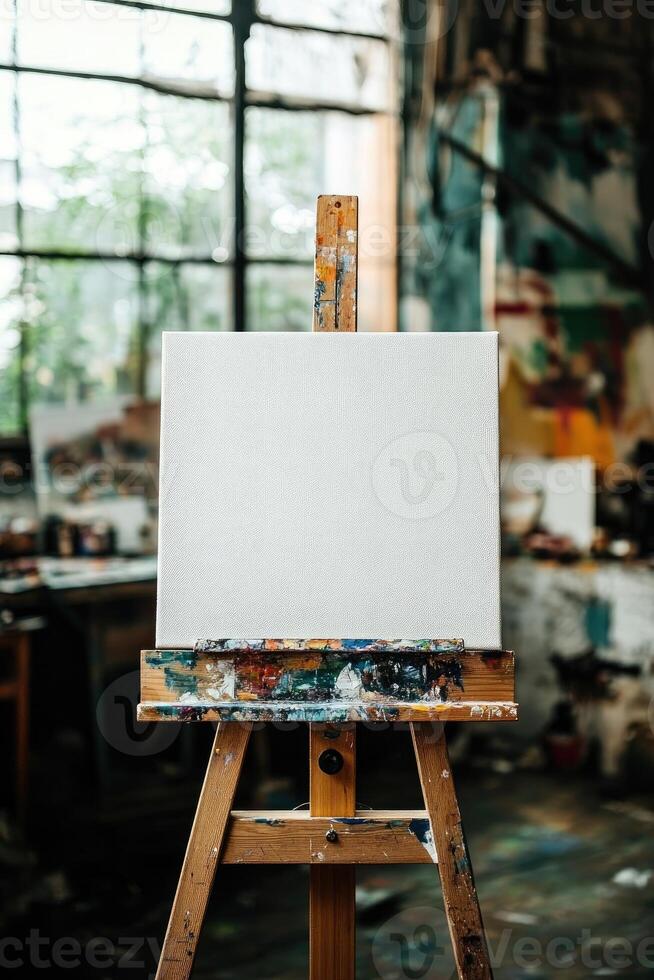 Blank canvas standing on wooden easel in an art studio photo