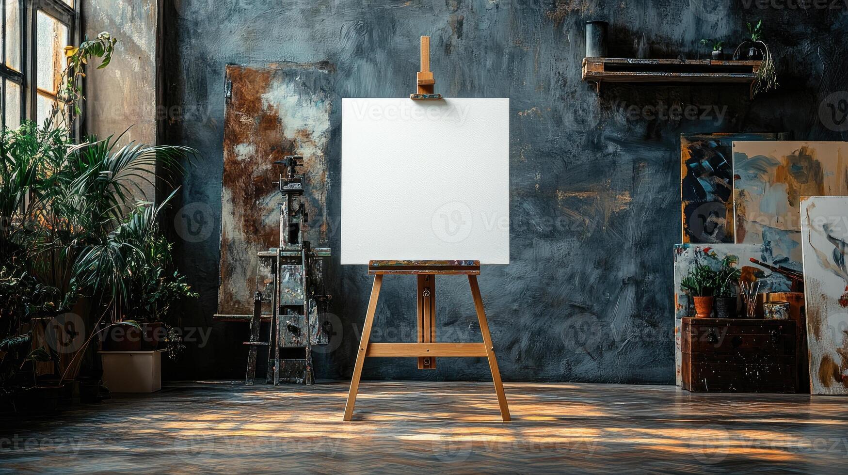 A pristine blank canvas on a wooden easel awaits an artist's creativity in a textured art studio photo