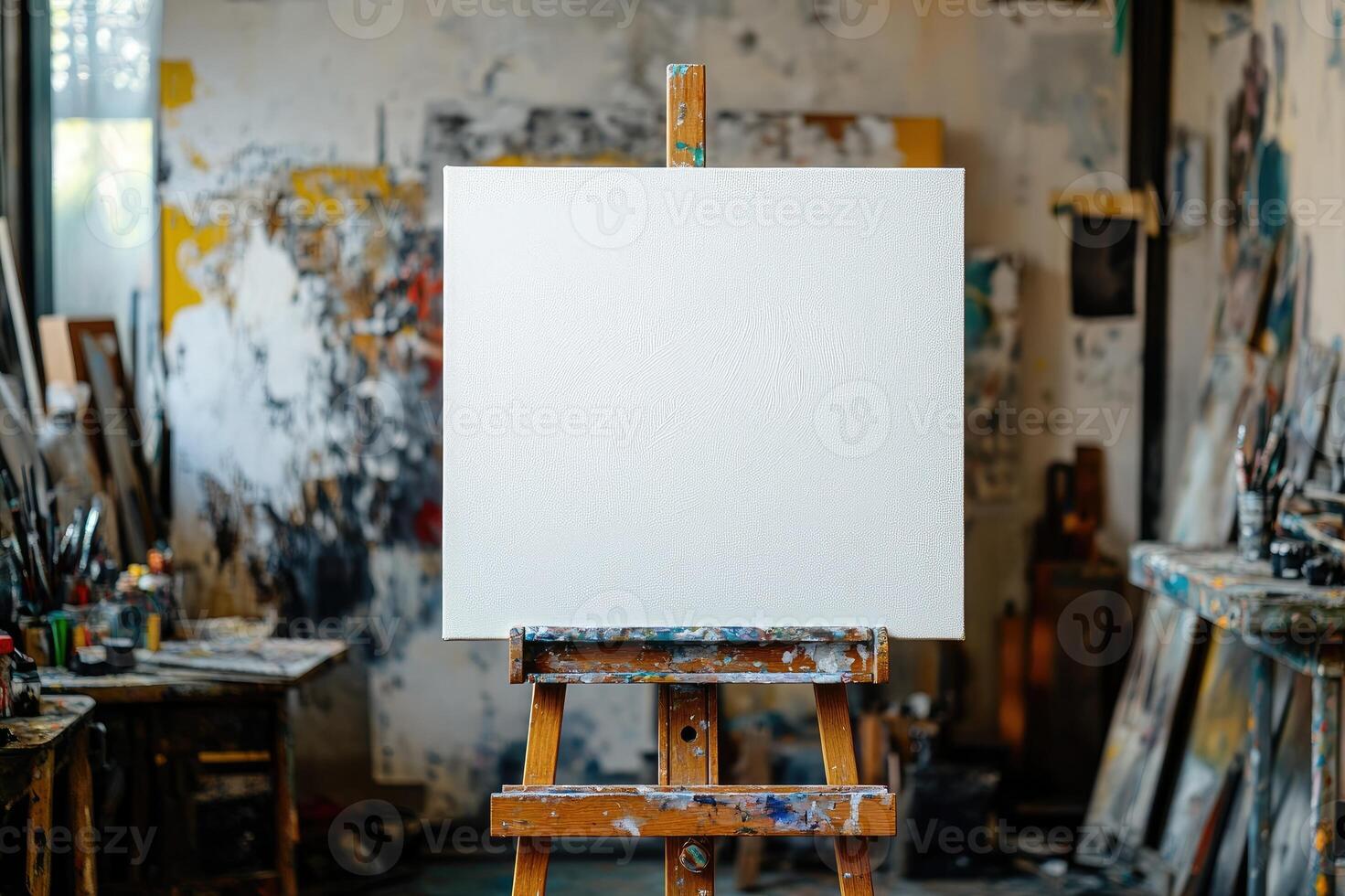 A pristine blank canvas on a wooden easel awaits an artist's creativity in a textured art studio photo