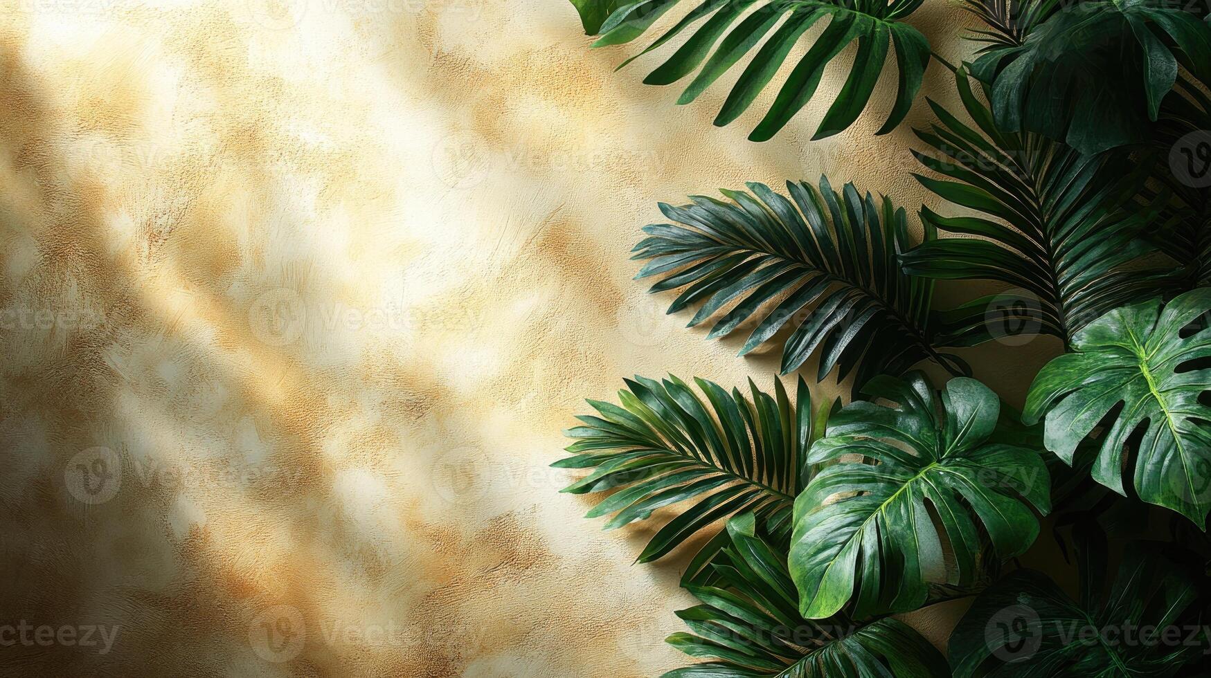 Sunlight casting shadows on textured wall with tropical green leaves photo