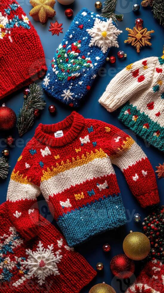 Red christmas sweater lying on green background surrounded by pine branches and christmas ornaments photo