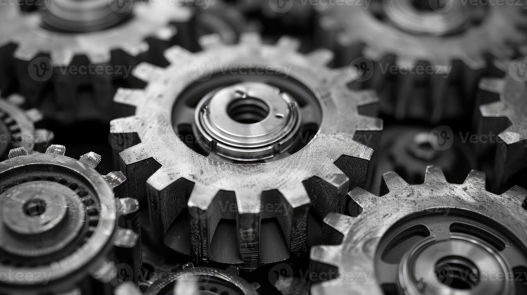 Close-up view of complex interlocking industrial gears in black and white photo