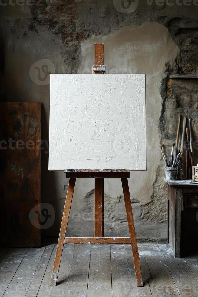 A pristine blank canvas on a wooden easel awaits an artist's creativity in a textured art studio photo
