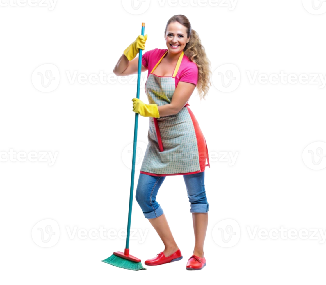 female person with broom in hand intent on cleaning the floor png