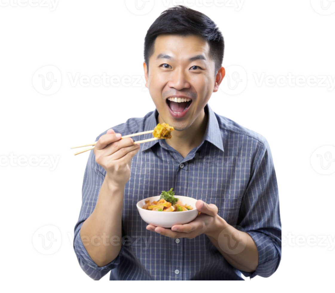 Young adult asian man is holding a bowl and eating with chopsticks- png