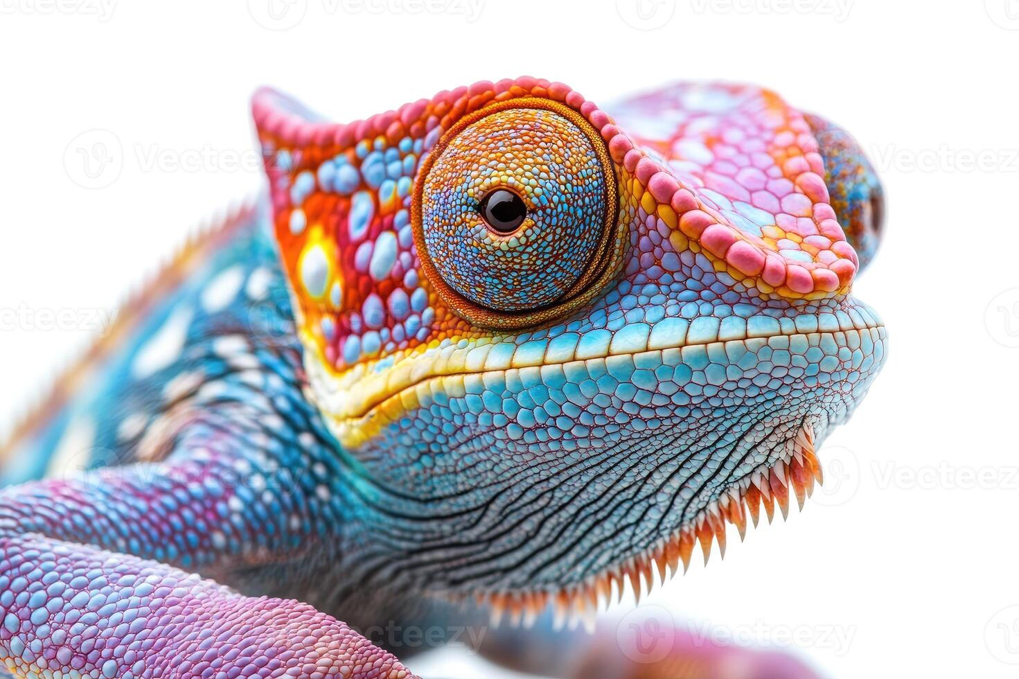 Colorful panther chameleon posing on white background photo