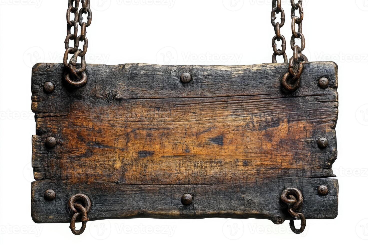 Old empty wooden sign hanging on chains isolated on white background photo