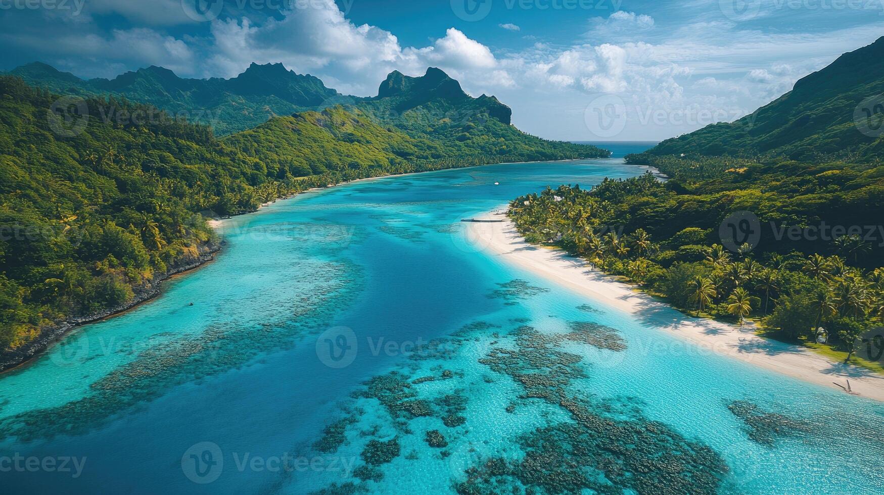 Turquoise lagoon water surrounding tropical island in bora bora photo