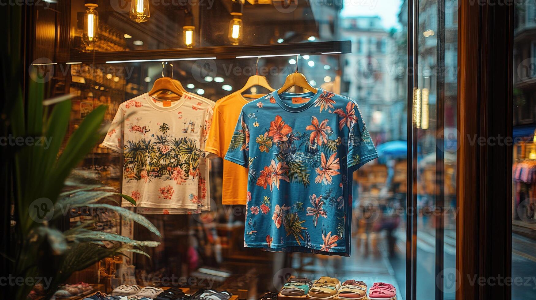 Floral print shirts are displayed on hangers in a shop window photo