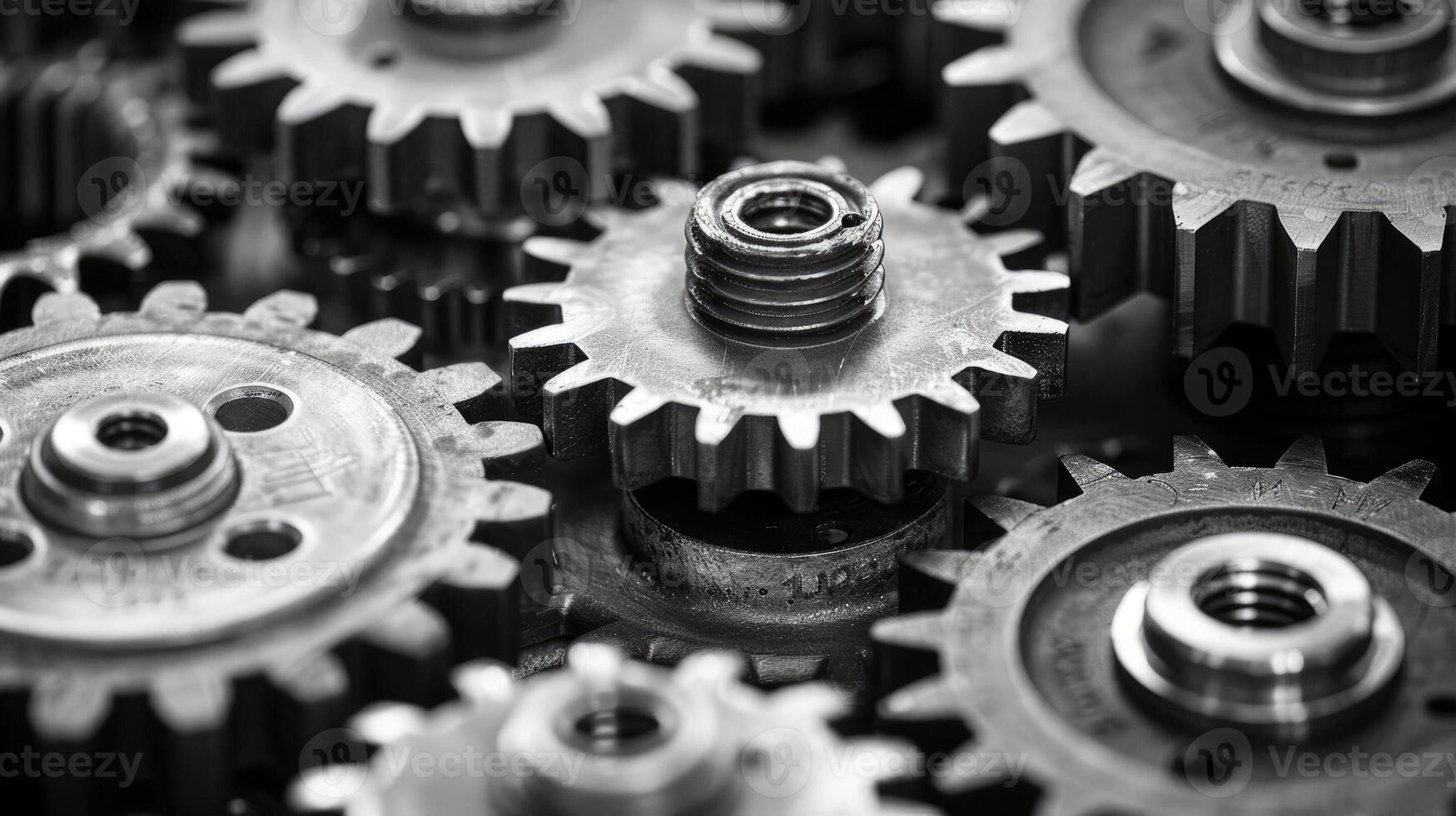 Close-up view of complex interlocking industrial gears in black and white photo