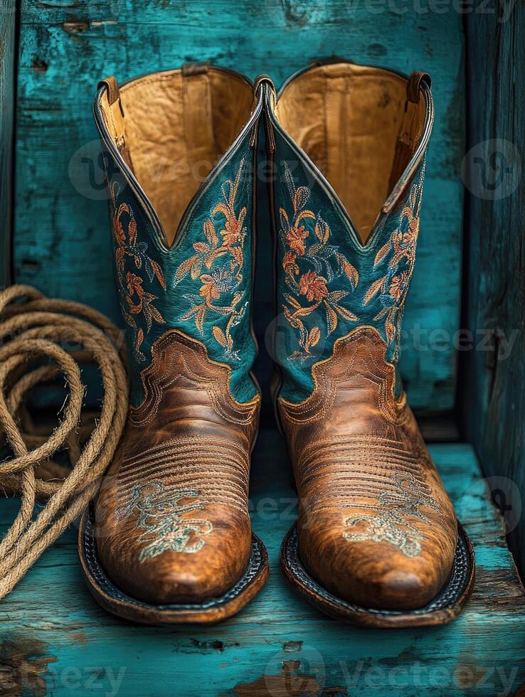 Pair of brown leather cowboy boots with rope on wooden surface photo