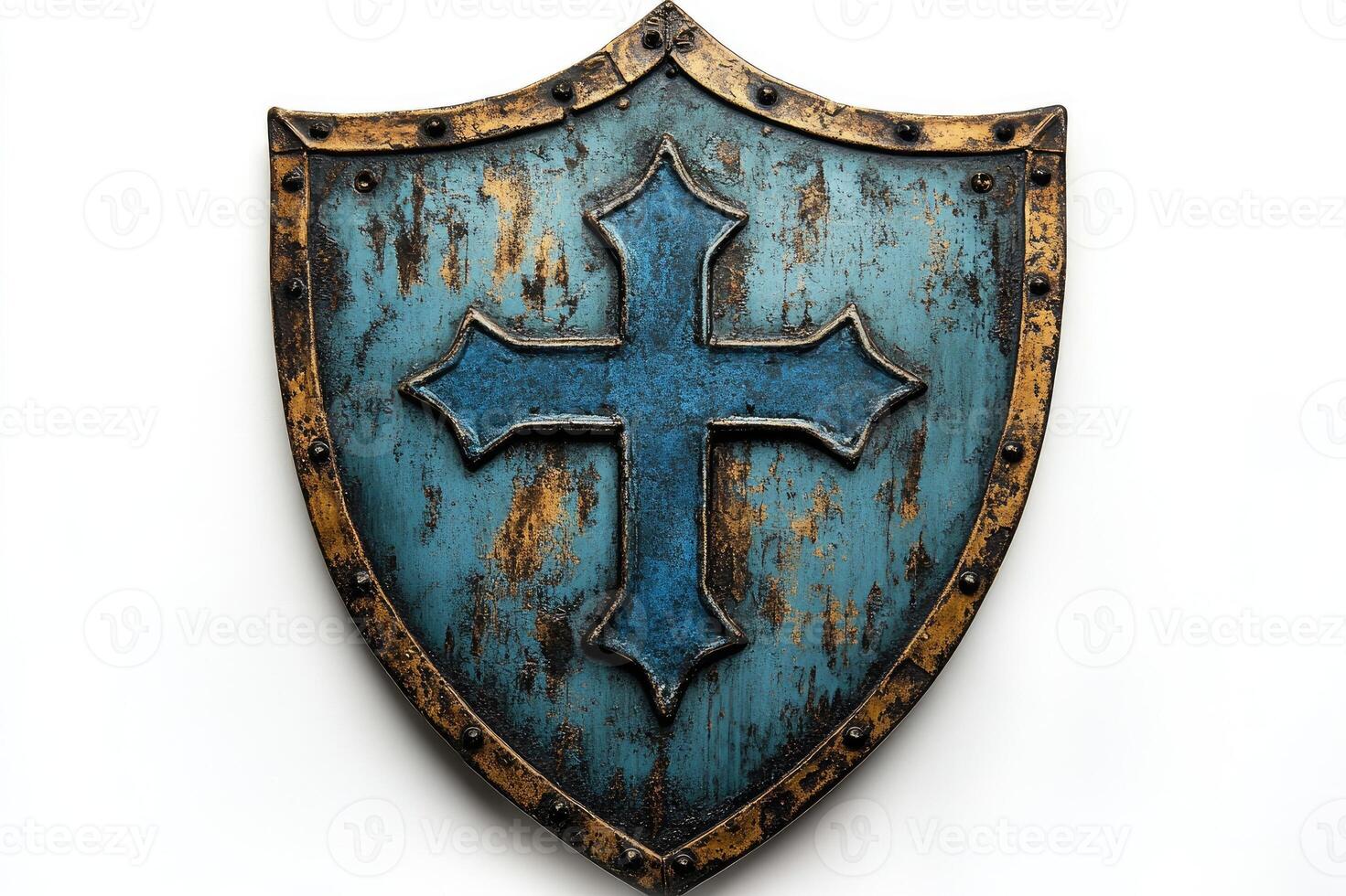 Blue medieval shield with cross showing protection and security photo
