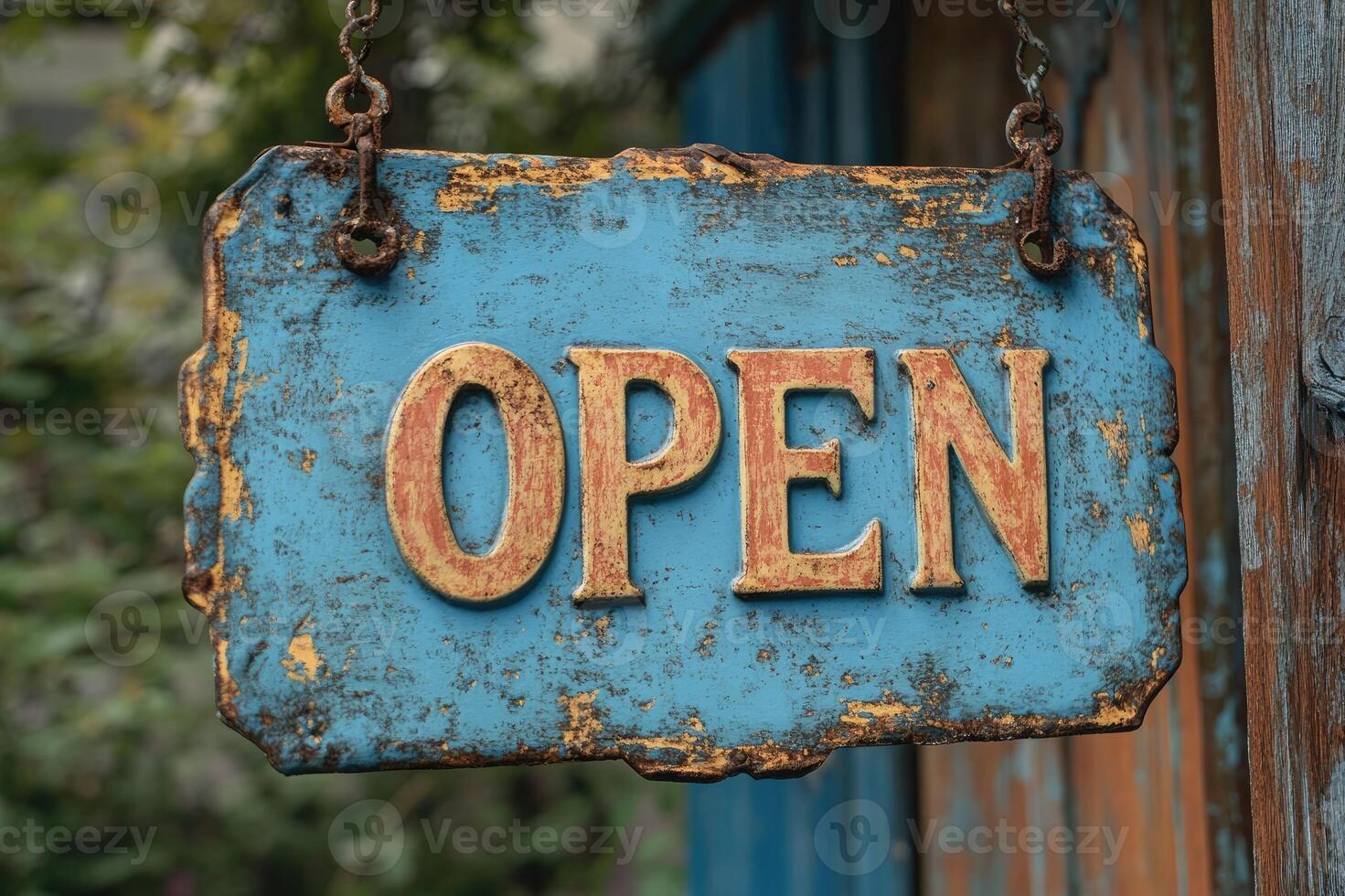 Rustic blue open sign hanging on a shop door photo