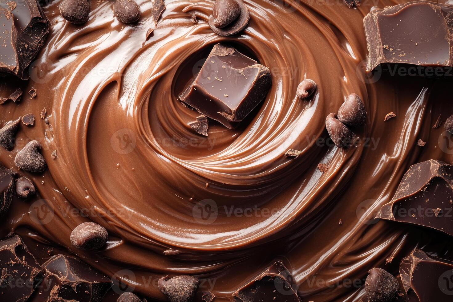 Melted chocolate is swirling around chunks of dark chocolate photo