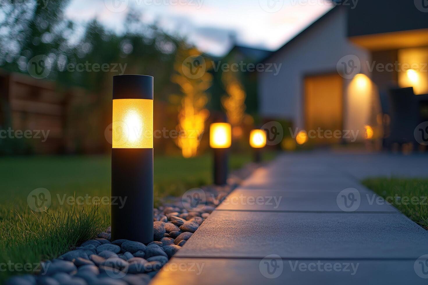 Garden lighting illuminating the way to modern house at dusk photo