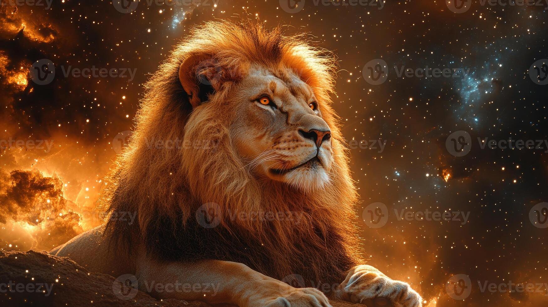 Majestic lion resting under starry sky with nebula clouds photo