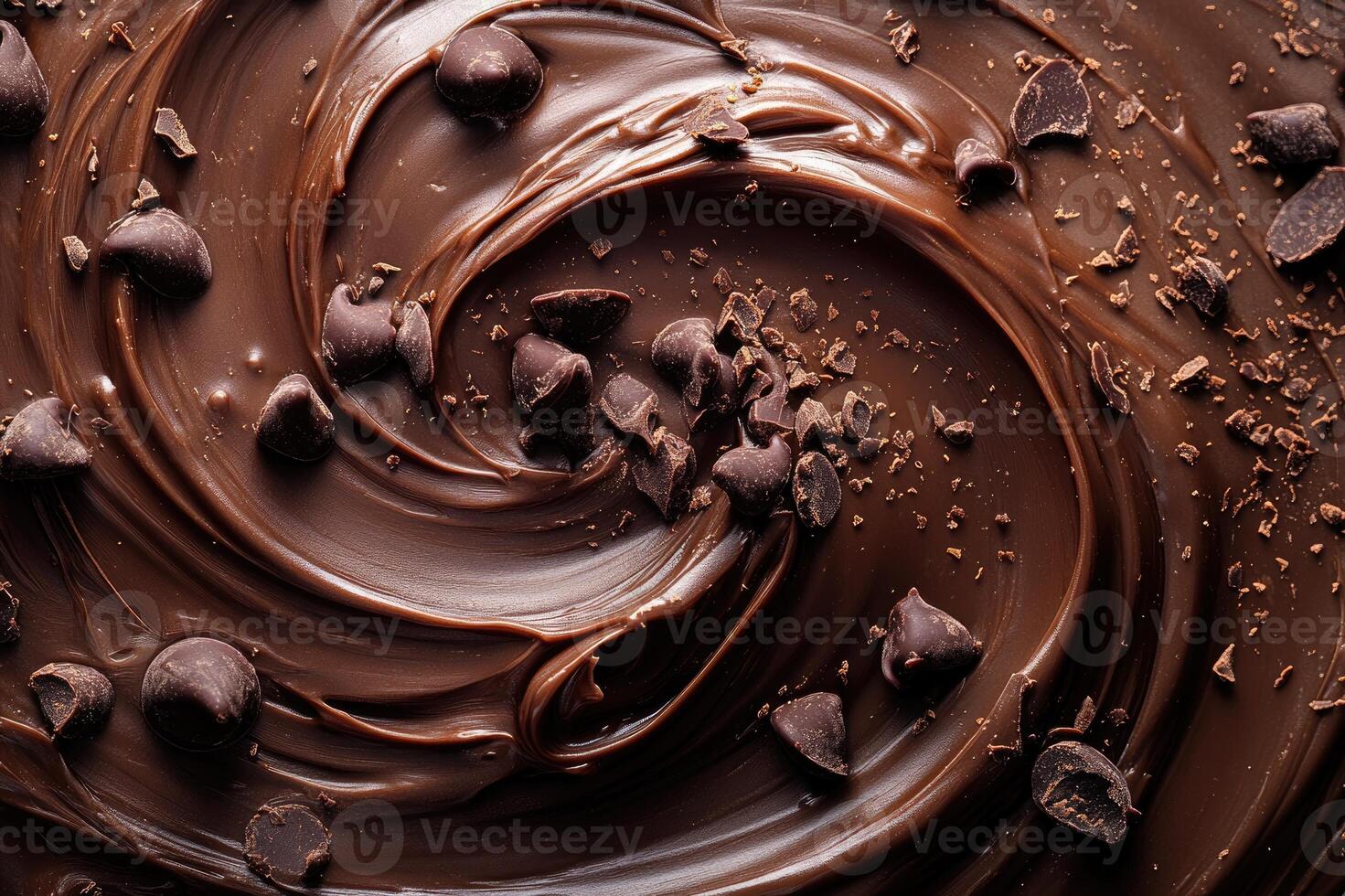 Melted chocolate is swirling around chunks of dark chocolate photo
