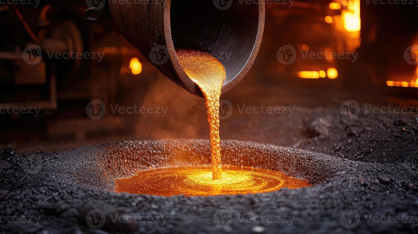 Liquid molten slag pouring from giant ladle in foundry photo