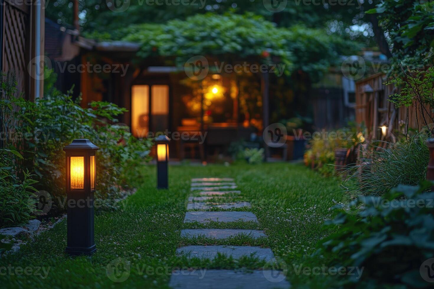 Garden lighting illuminating the way to modern house at dusk photo