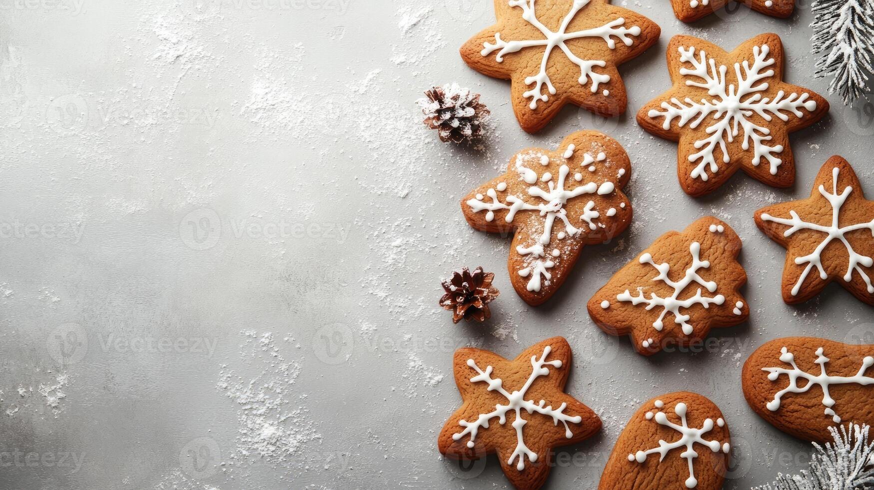 Christmas gingerbread cookies decorated with icing on grey background with fir branches photo