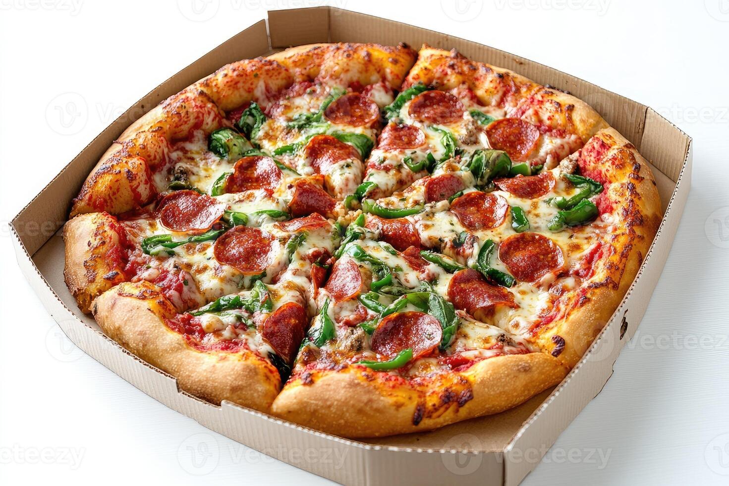 Delicious pizza with pepperoni and green peppers being delivered in a cardboard box photo