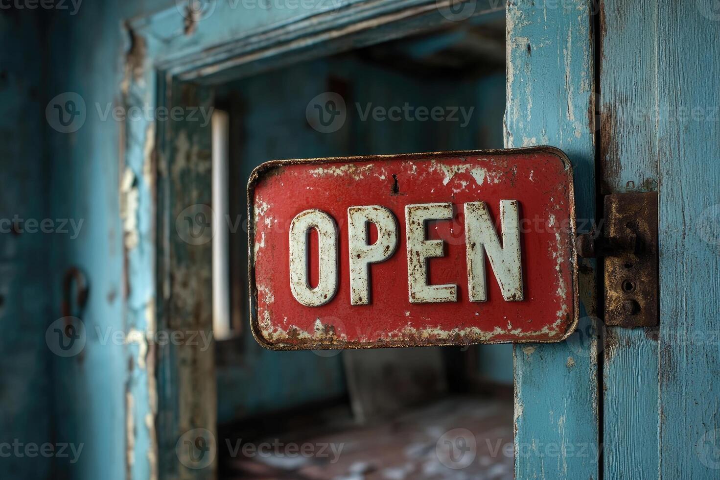 Old weathered red open sign hanging on a rusted door hinge photo