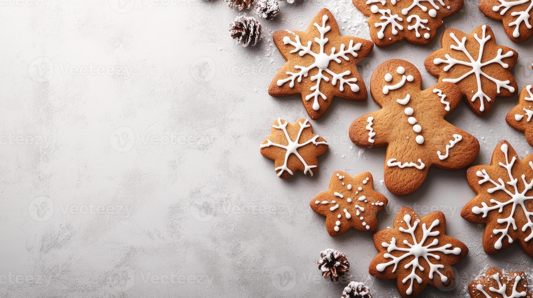 Christmas gingerbread cookies decorated with icing on grey background with fir branches photo