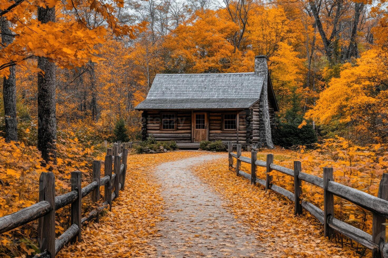 Pathway leading to cozy log cabin surrounded by fall foliage photo