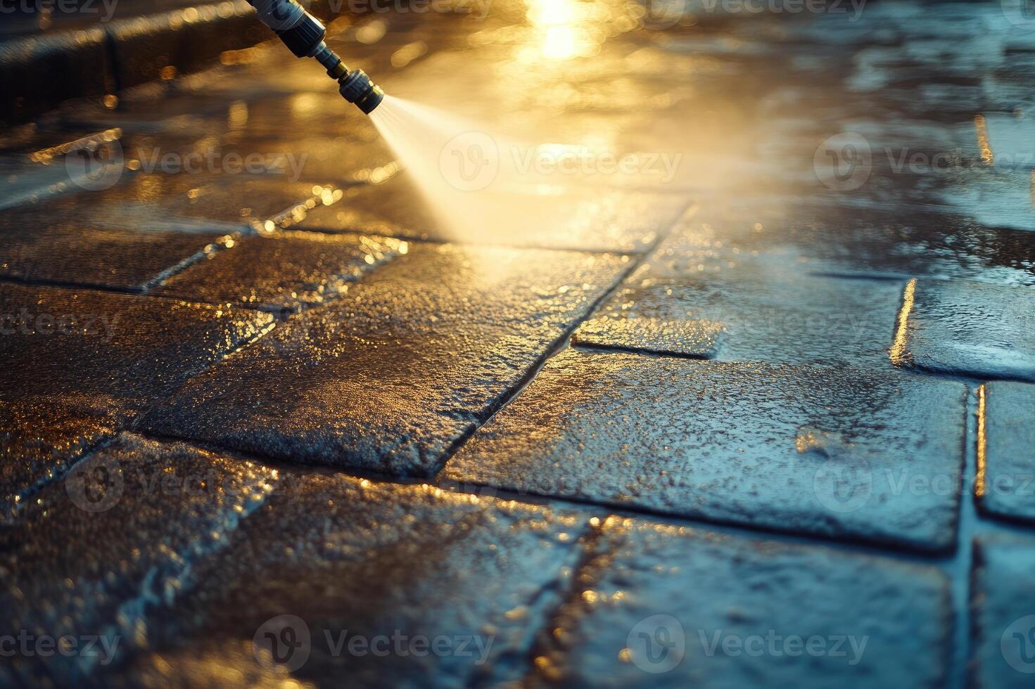 Cleaning service worker using high pressure water jet cleaning city street photo