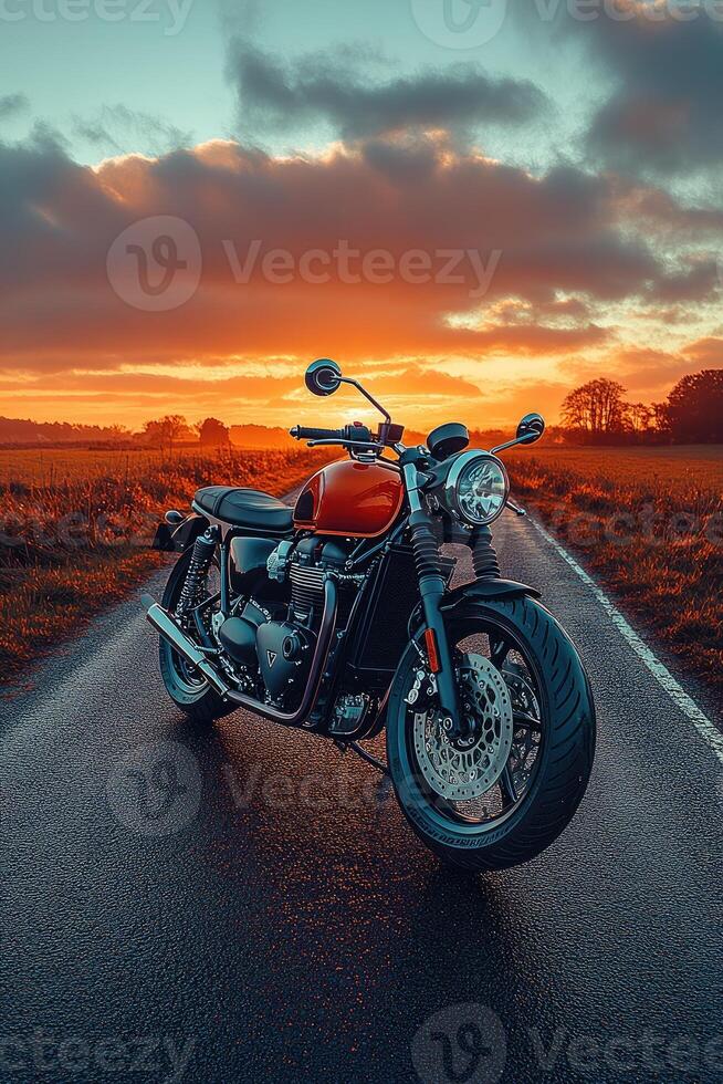 Red and chrome motorcycle standing on an empty road at sunset photo