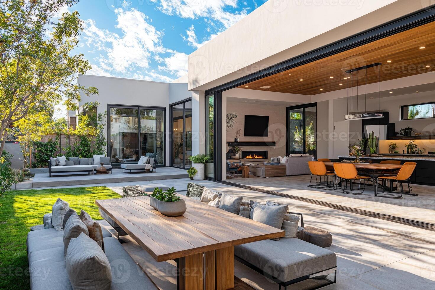 Modern backyard patio design featuring outdoor kitchen and dining area photo
