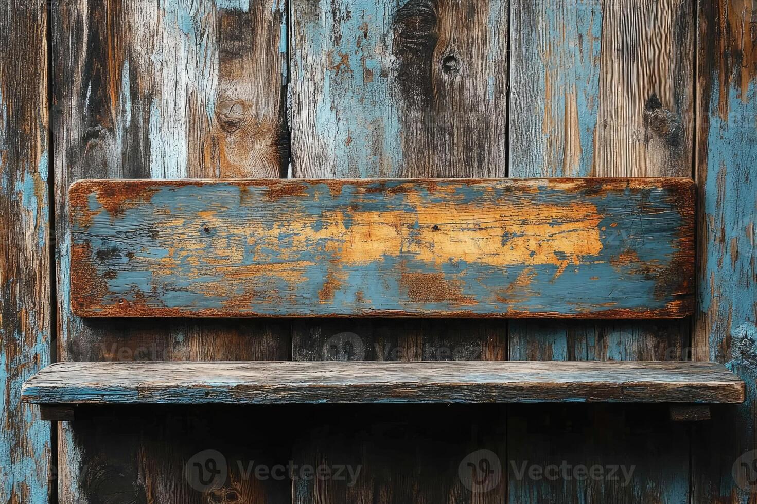 Old weathered blue wooden plank showing grain and knots with rusty bolts photo