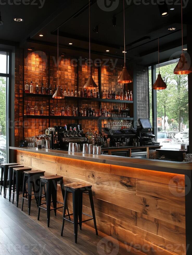 Luxurious hotel bar with onyx countertop and wavy ceiling design photo