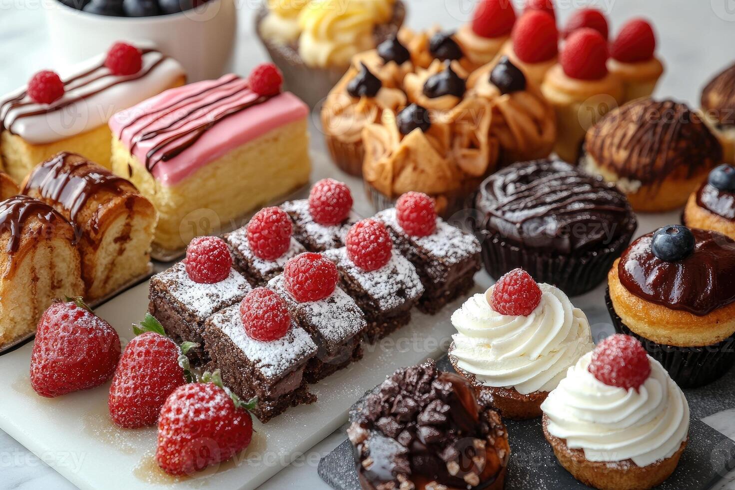 Delicious pastries being displayed on table for dessert photo