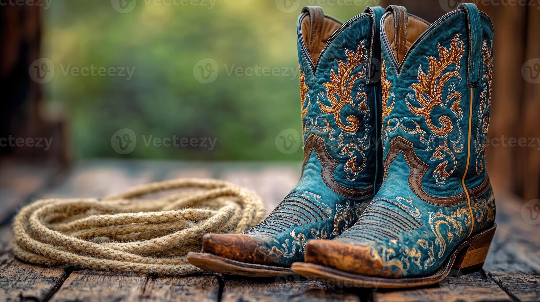 Pair of turquoise cowboy boots resting on rustic wooden background photo