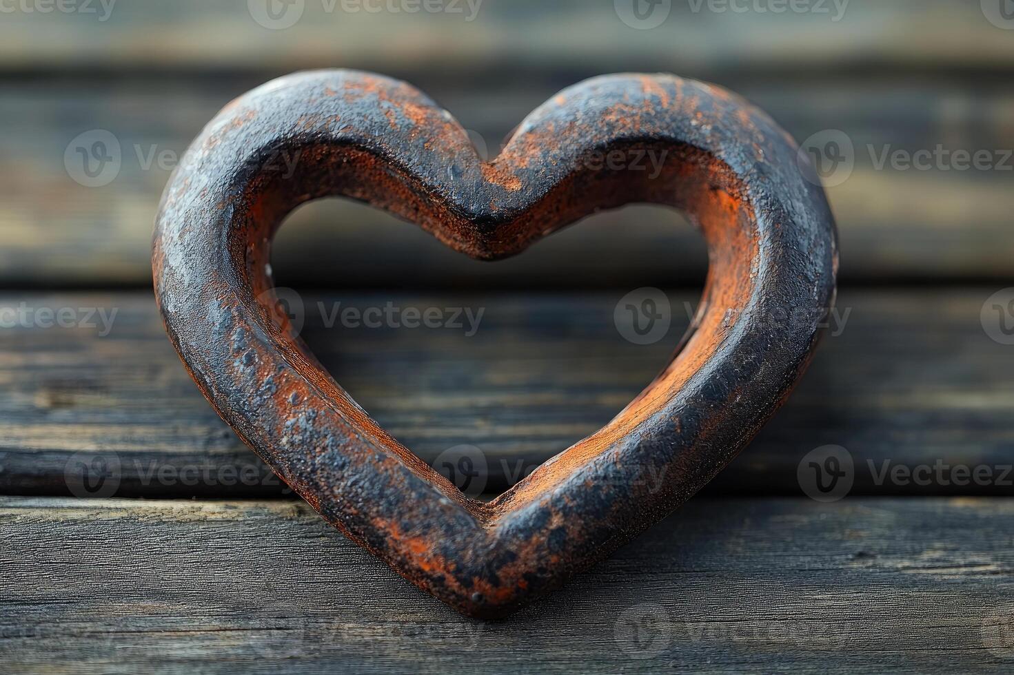 Rusty metal heart decoration lying on a rustic wooden surface photo
